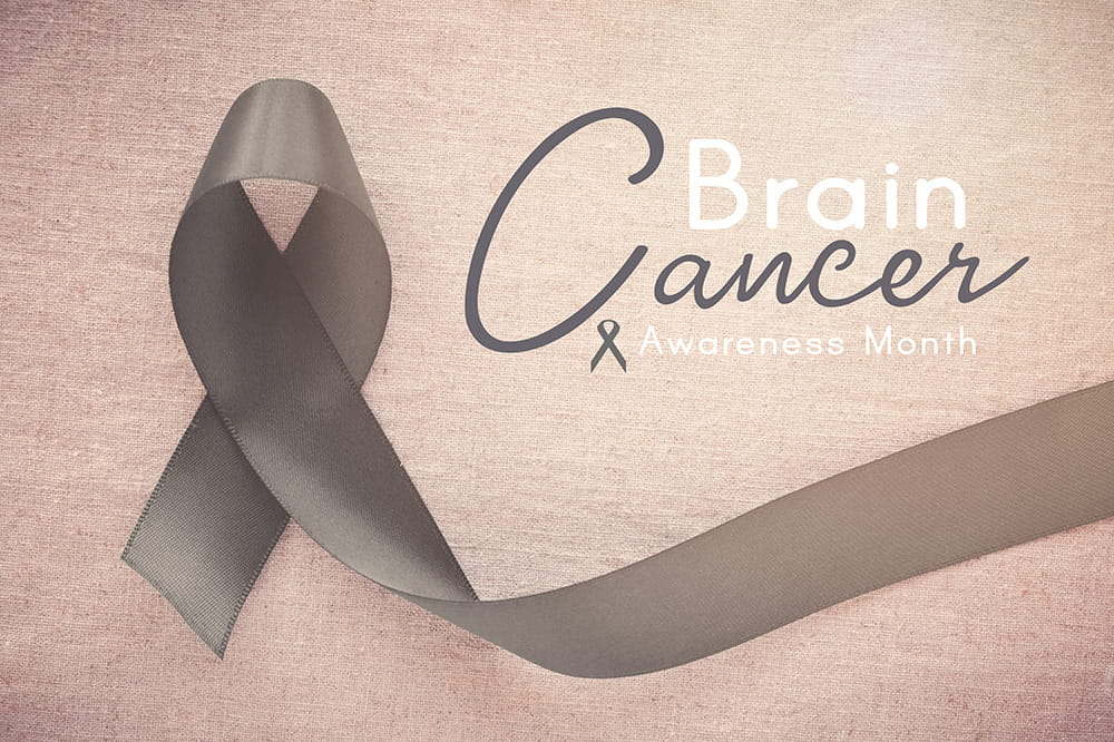 image of a gray ribbon with the words Brain Cancer Awareness Month