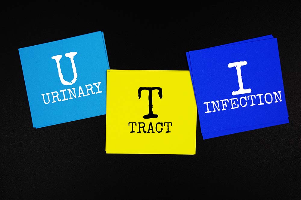 The letters UTI and the words urinary tract infection in colored blocks on a black background.
